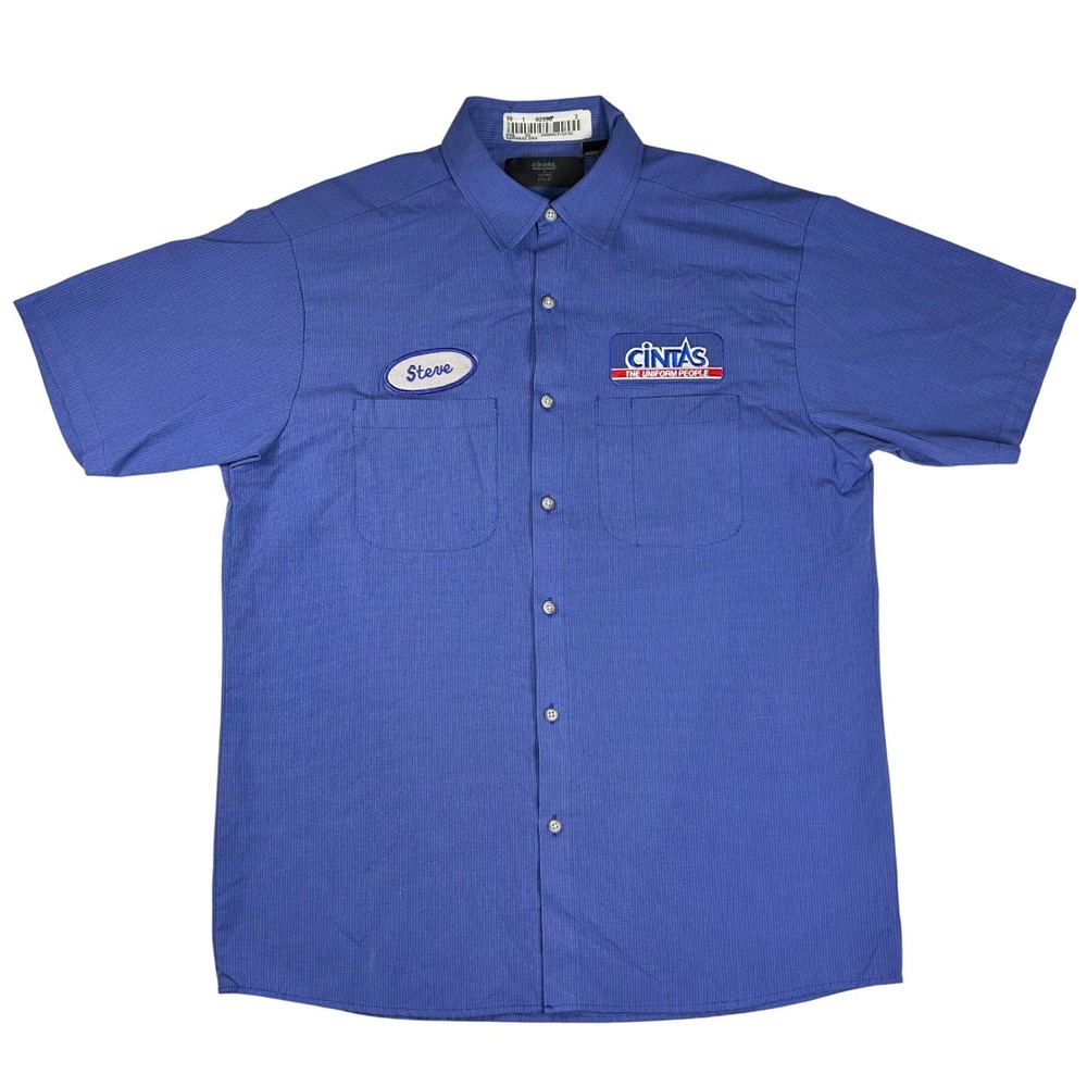 Cintas Mens Blue Work‎ Shirt Short Sleeve "Steve" Patch Button Up Medium